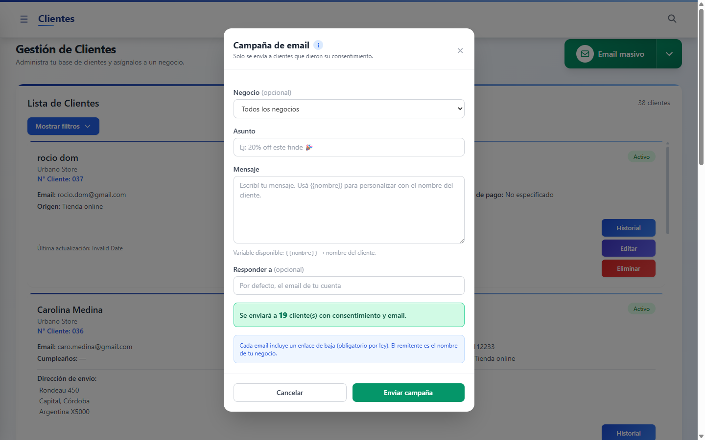 Armador de campaña de email masivo a clientes con consentimiento en BizzKore