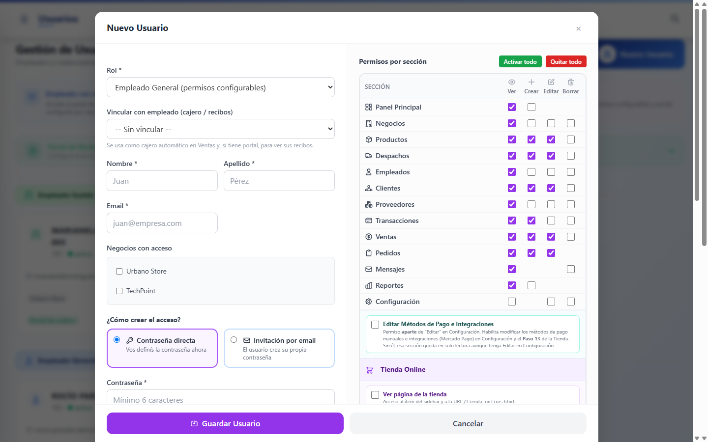 Crear usuario con contraseña o invitación por email y permisos en BizzKore